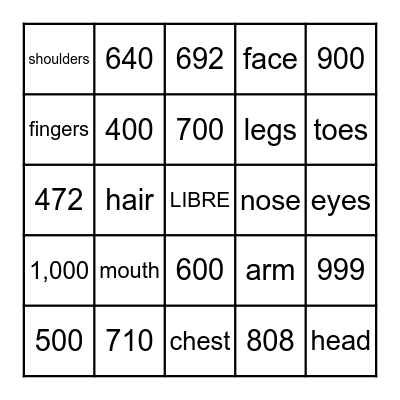 Numbers and Body Bingo Card