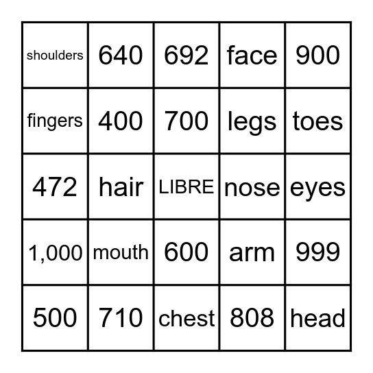 Numbers and Body Bingo Card