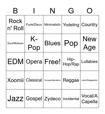 Music Genre Bingo Card
