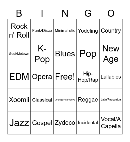 Music Genre Bingo Card