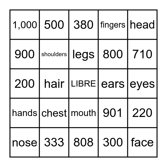 Numbers and Body Bingo Card