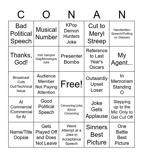 2026 OSCARS Bingo Card