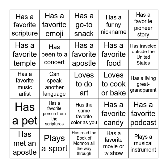 Young Women Bingo Card