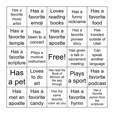 Young Women Bingo Card