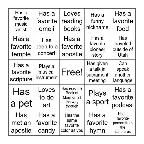 Young Women Bingo Card