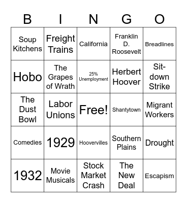 Great Depression Bingo Card
