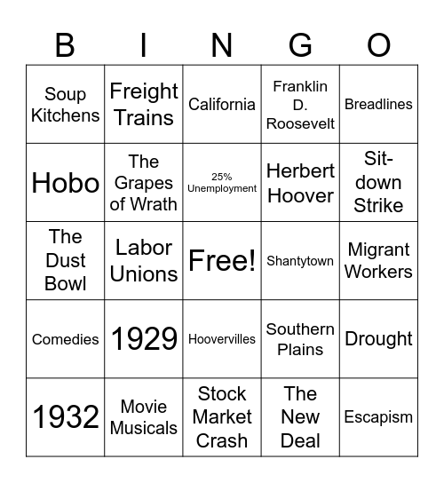 Great Depression Bingo Card