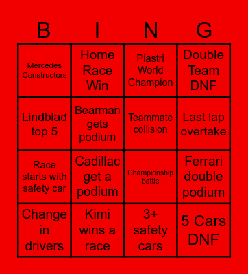 F1 2026 Bingo Card