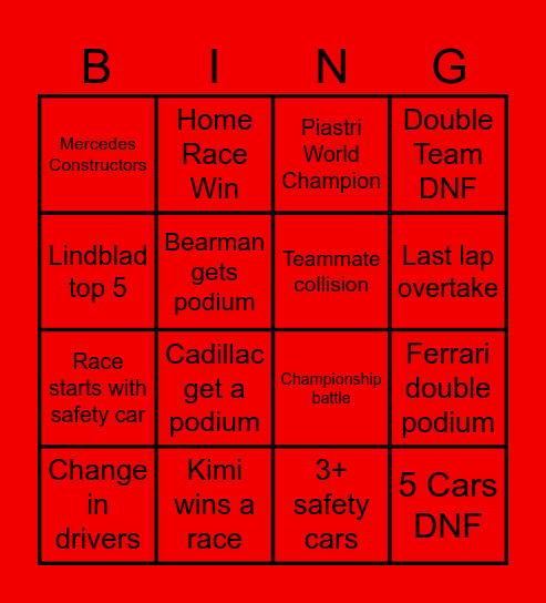 F1 2026 Bingo Card