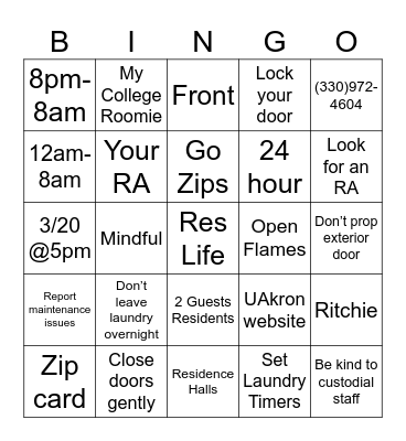 Res Life Bingo Card