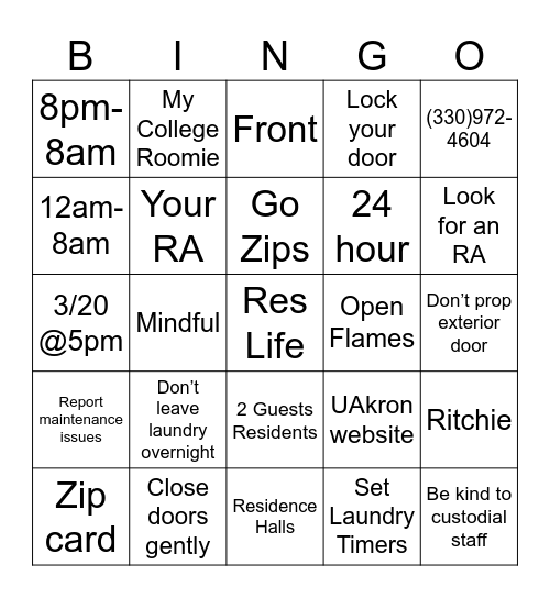Res Life Bingo Card