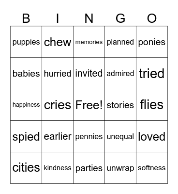Spelling Words Bingo Card