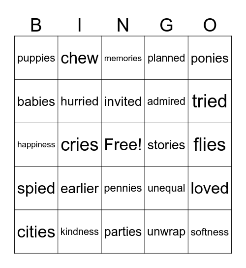 Spelling Words Bingo Card