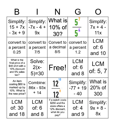 Expressions Bingo Card