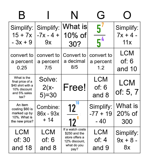 Expressions Bingo Card