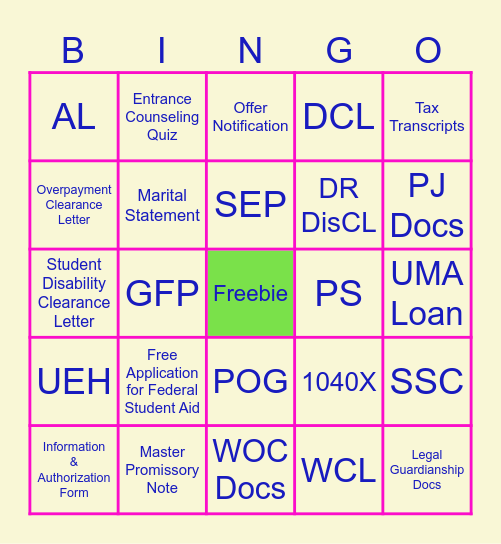FA Terms Bingo Card