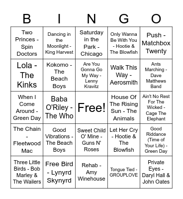 Dive Bar Anthems Bingo Card
