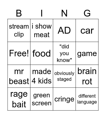 YT shorts Bingo Card