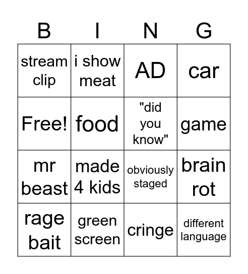 YT shorts Bingo Card