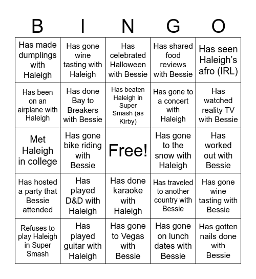 B+H Engagement Party Bingo Card
