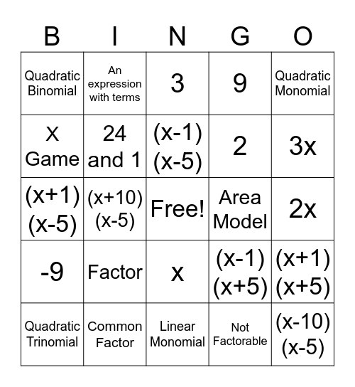AlgS Algebra Support Bingo - Semester 2 Bingo Card