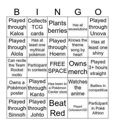 Pokémon Bingo Card