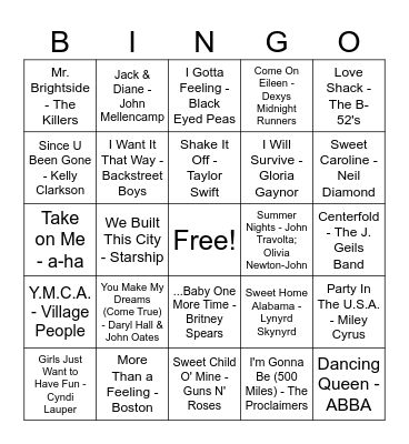 Sing Alongs Bingo Card