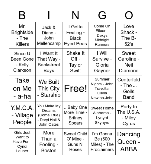 Sing Alongs Bingo Card