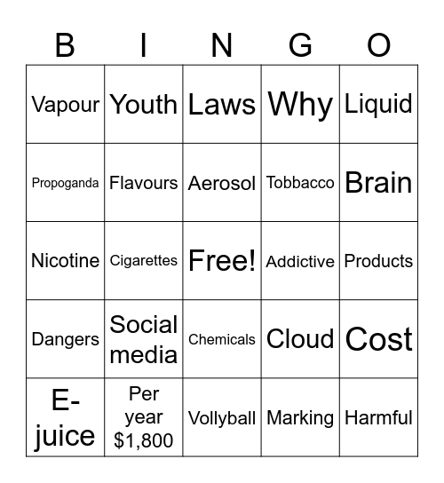 The Dangers of Vaping BINGO Card