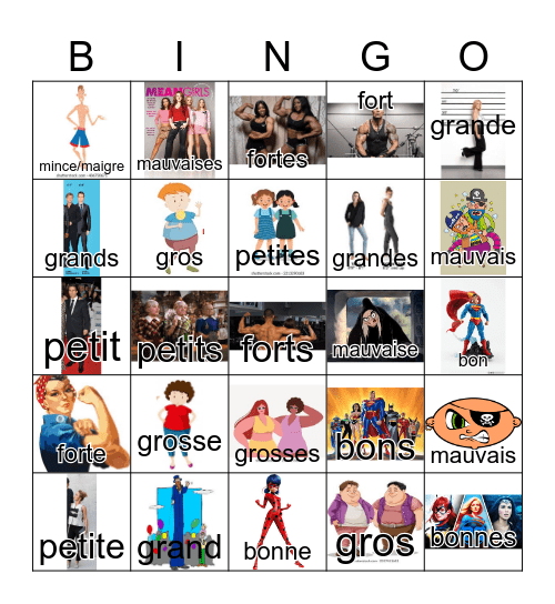 Adjectives Bingo Physical Mixed (no hair) Bingo Card