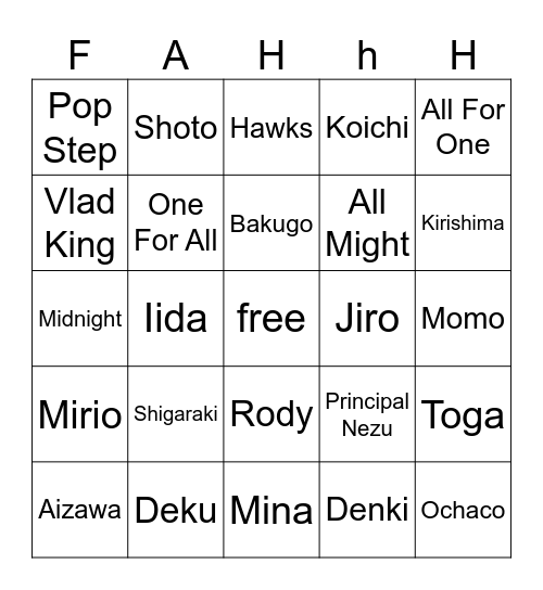 MHA Bingo Card