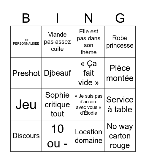 Romantique Bingo Card