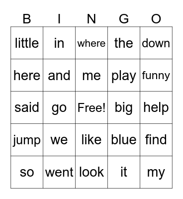 Sight Word Bingo Card