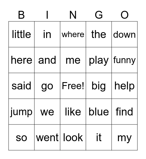 Sight Word Bingo Card