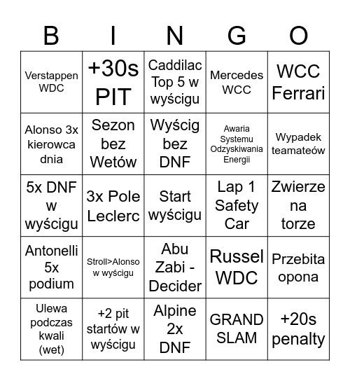 F1 26 bingo Card