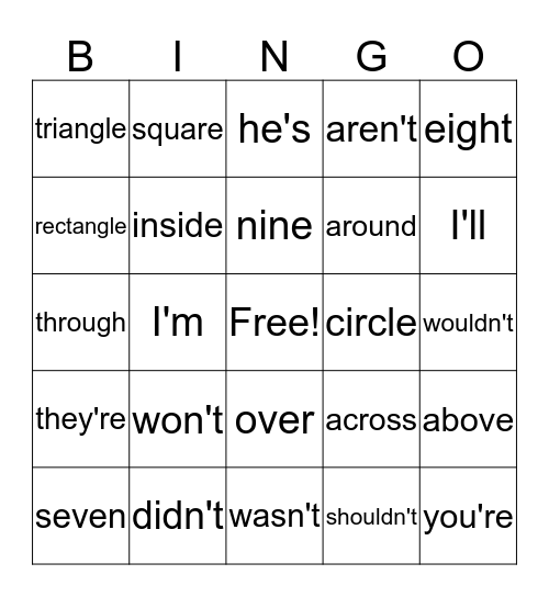 Angel's Category Words Bingo Card