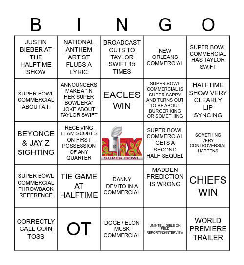 Super Bowl Sunday Bingo Card