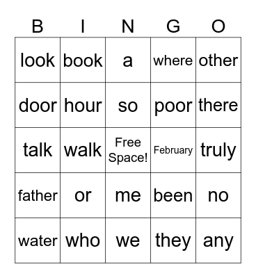 Heart Word Bingo Card
