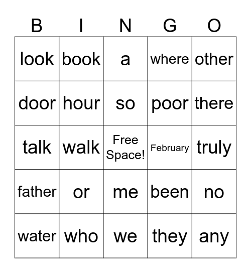 Heart Word Bingo Card