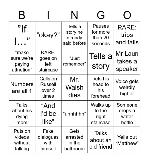 Health Class Bingo Card