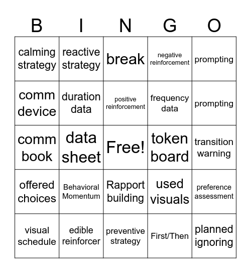 Behavior Bingo Card
