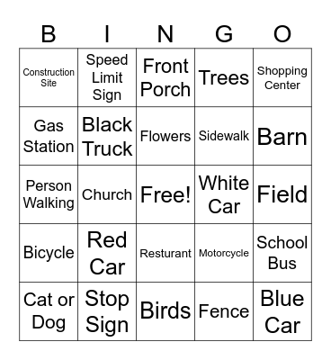 Scenic Bingo Drive Bingo Card