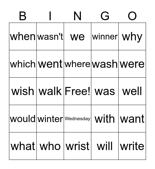 "W" Bingo Card