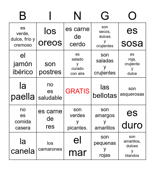 Ch. 8-2-- (Describir comida)🍔 Bingo Card