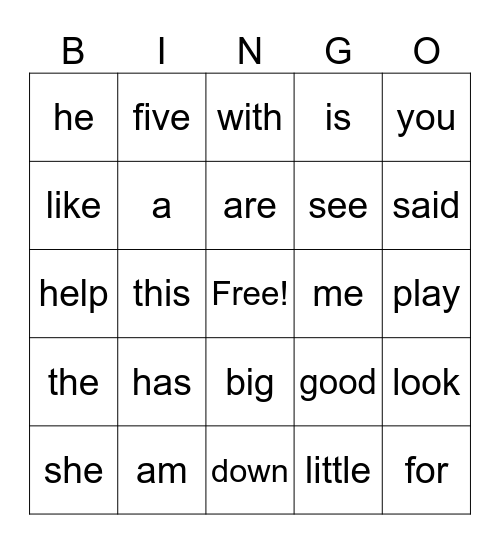 K Sight Words (1-60) Bingo Card