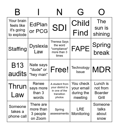 March SPED Coordinator Meeting Bingo Card