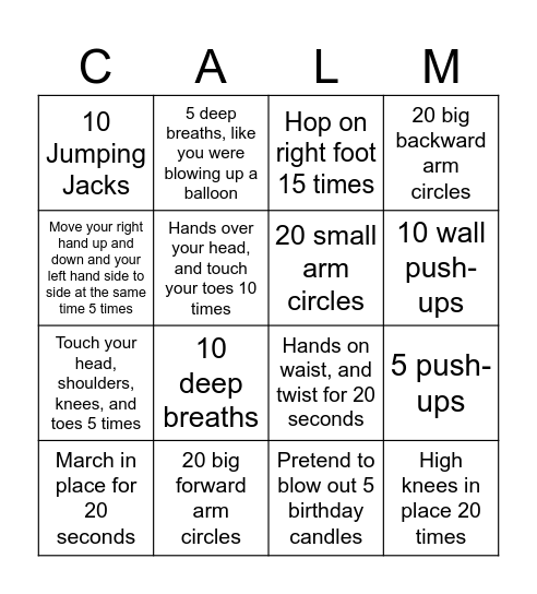Calm Down Bingo Card