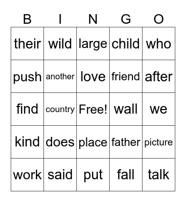 Sight Words Bingo Card
