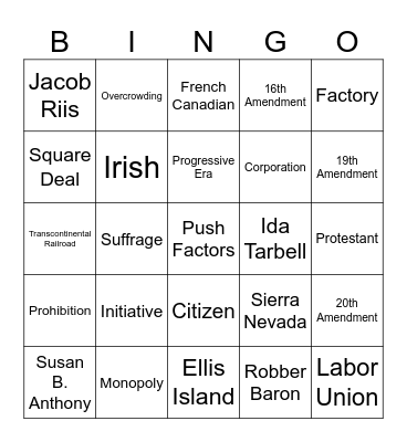 The US Grows 1880-1920 Bingo Card