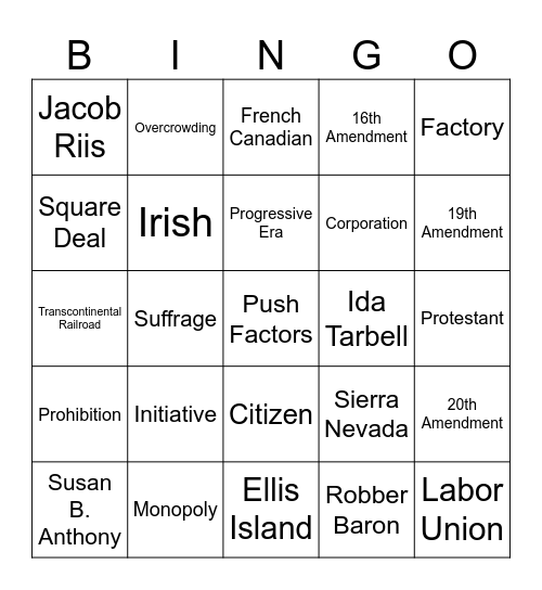 The US Grows 1880-1920 Bingo Card